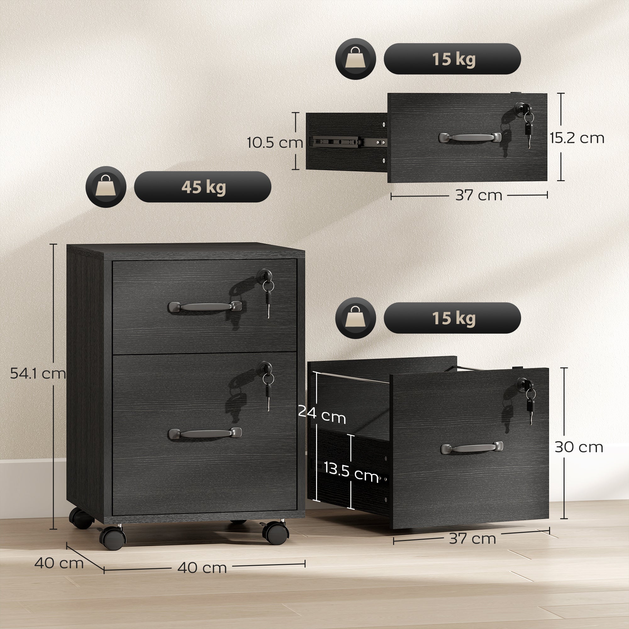 HOMCOM Rolling File Cabinet with 2 Drawers, Mobile Filing Cabinet with Hanging File Folder for Letter Sized Documents, Black 