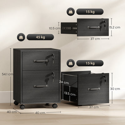HOMCOM Rolling File Cabinet with 2 Drawers, Mobile Filing Cabinet with Hanging File Folder for Letter Sized Documents, Black 