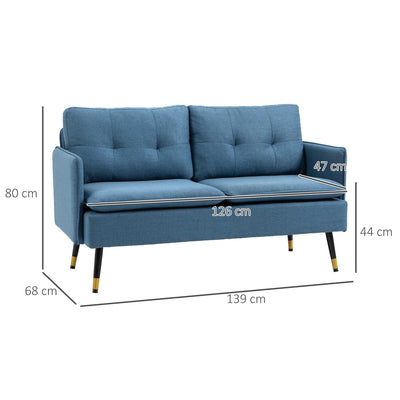 HOMCOM Modern Two Seater Sofa, Button Tufted Loveseat with Cushions and Steel Legs for Living Room, Guest Room, Dark Blue 