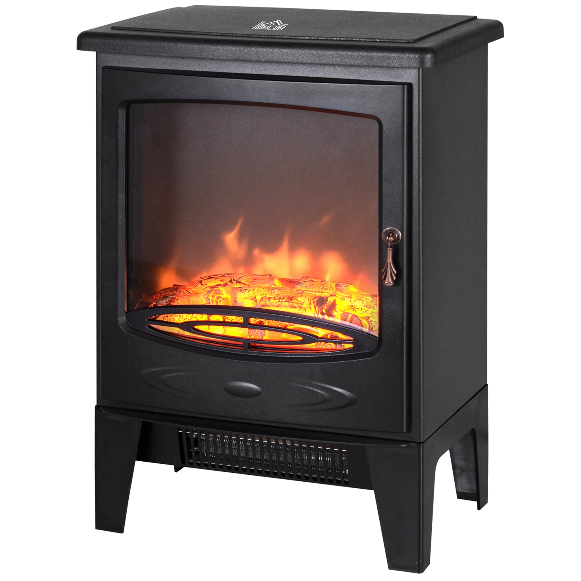 HOMCOM Tempered Glass Casing Electric Fireplace, Freestanding Electric Fire with Realistic Flame Effect, Log Burner with Overheat Protection, 950w/ 1850W, Black 