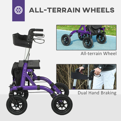 HOMCOM Folding Rollator Walker with Seat, Backrest, Lightweight Walking Frame with Storage Bag, Dual Brakes, All-terrain Wheels, Adjustable Handle Height, 4 Wheeled Walker for Seniors, Purple 