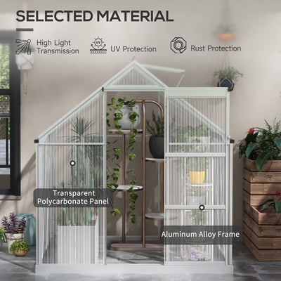 Outsunny 6 x 6ft Walk-In Greenhouse, Polycarbonate Greenhouse with Sliding Door, Window, Aluminium Frame, Foundation, Silver 