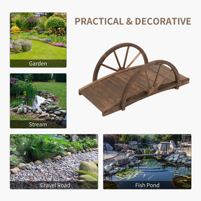 Outsunny Wooden Garden Bridge Lawn Décor Stained Finish Arc Outdoor Pond WalkwayYard Decoration Half Wheeled Railings 100L x 50W x 37Hcm 