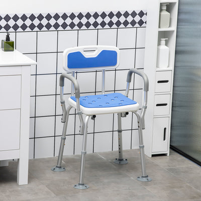HOMCOM EVA Padded Shower Chair for the Elderly and Disabled, Height Adjustable Shower Stool with Back and Arms, 4 Suction Foot Pads, Blue 