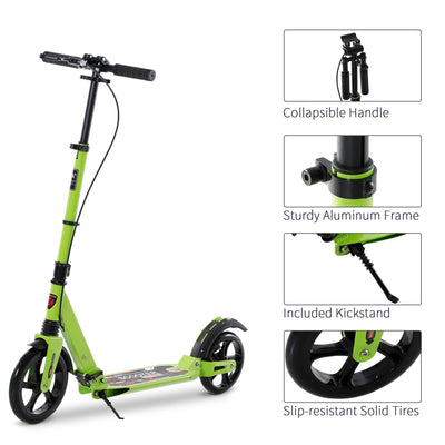 HOMCOM Kick Scooter, Folding 2 Wheel Scooter for 14+ Teens Adults, with Dual Brake System, Dual Suspension, 230mm Big Wheels, 3 Adjustable Handlebar, up to 100KG, Green 