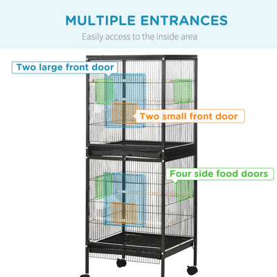 PawHut Bird Cage Budgie Cage 2 In 1 Large Aviary with Wheels Removable Trays for Finch Canaries Cockatiels Black 