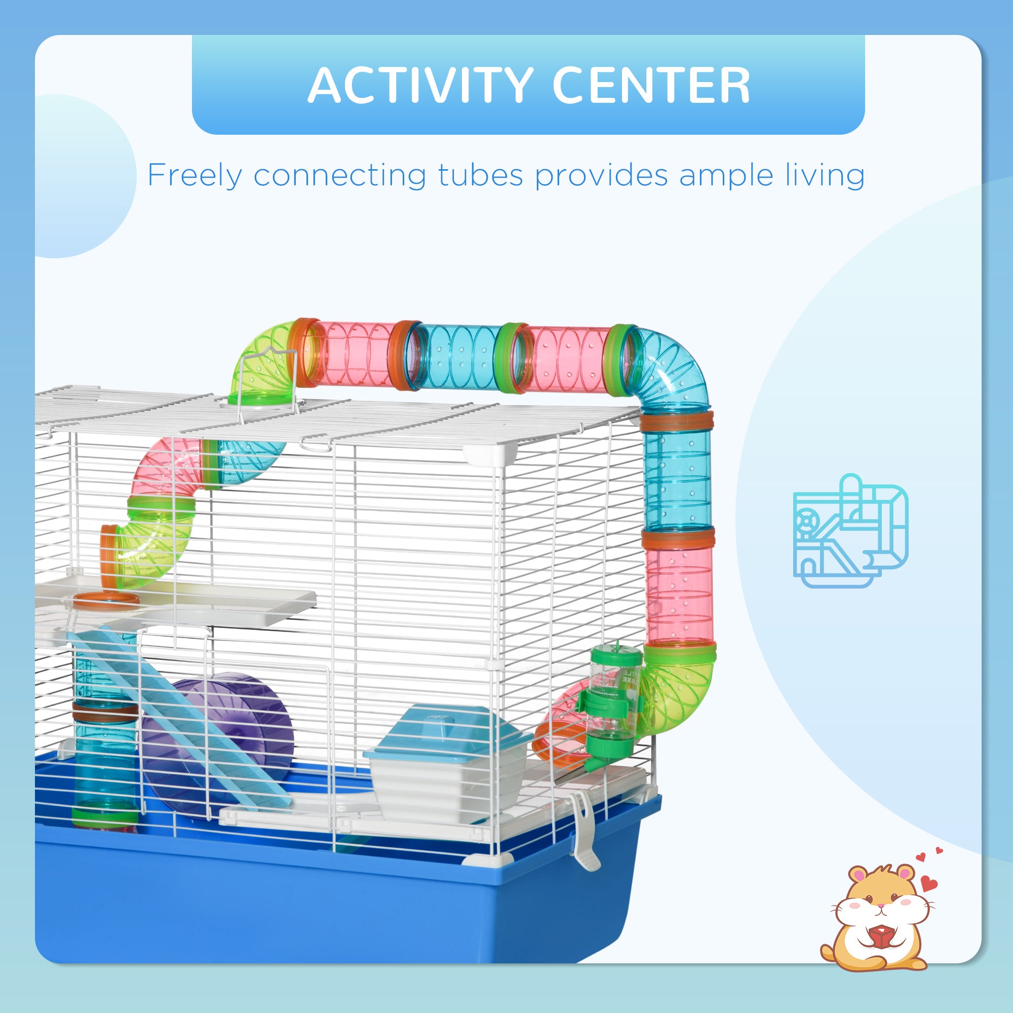 PawHut Hamster Cage, Gerbil Cage 3 Tier for Dwarf Hamster with Tube, Exercise Wheel, Water Bottle, Food Dish 59 x 36 x 47 cm- Blue 