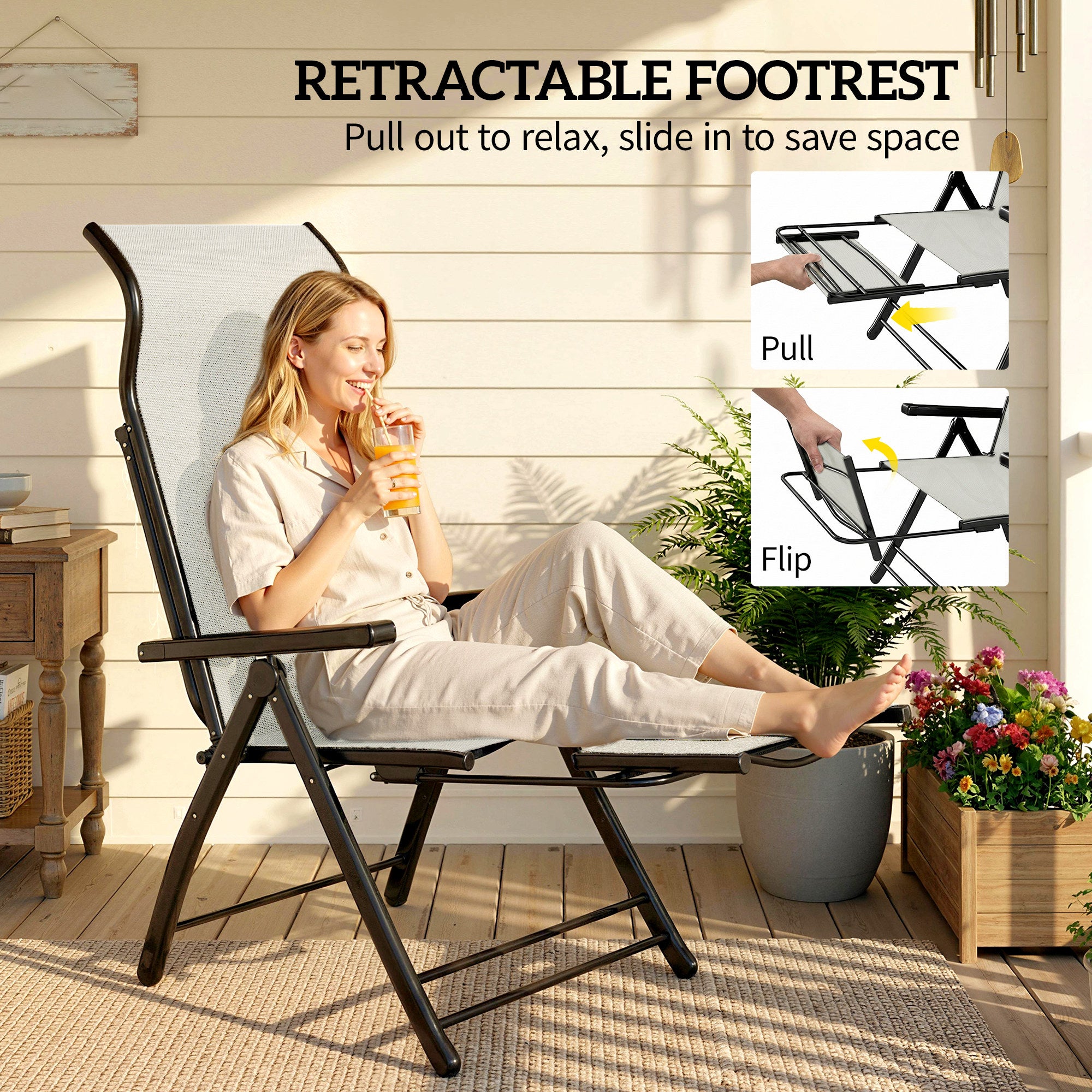 Outsunny Reclining Garden Chairs Set of 2, 5-Position Folding Sun Loungers with High Back, Retractable Footrest, Light Grey 