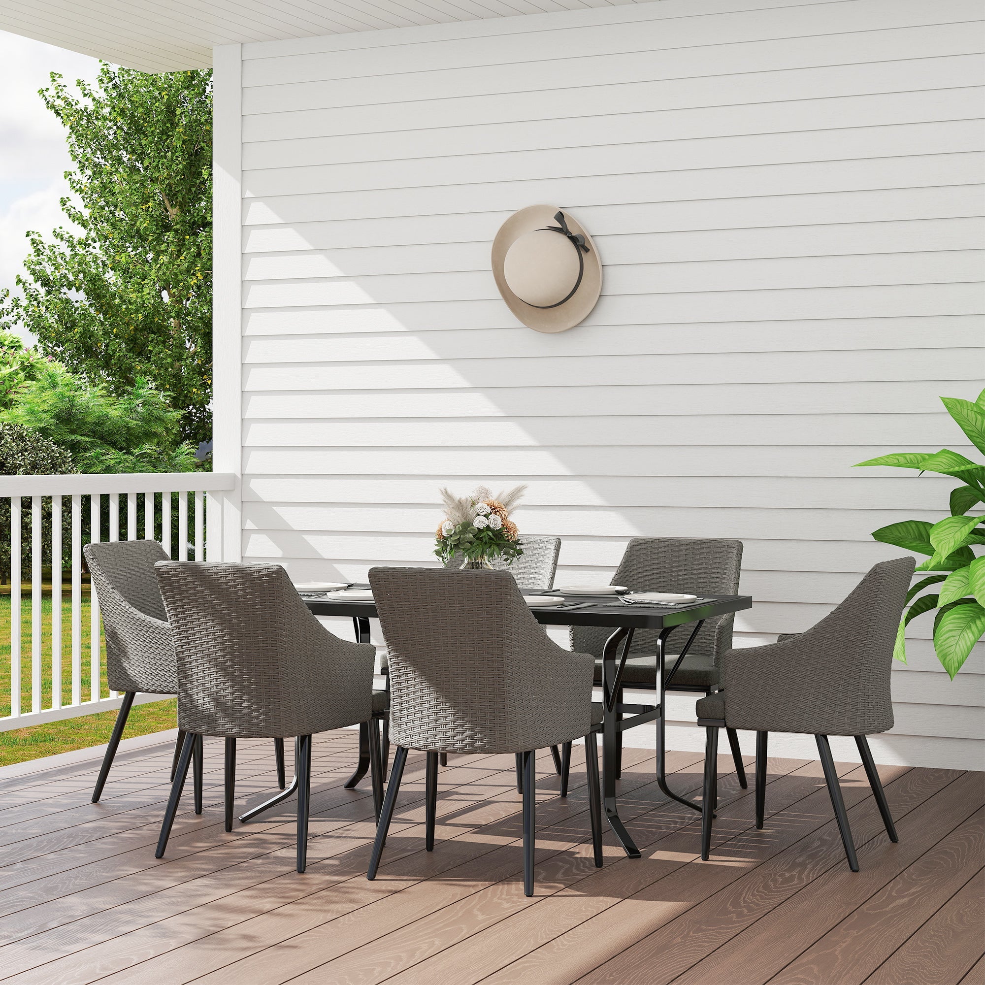 Outsunny 6 Seater Rattan Dining Set with Cushions, Garden Furniture Set with Armchairs, Rectangle Slatted Table Top, Steel Frame, Parasol Hole, Wicker Outdoor Furniture for Patio, Balcony, Grey 