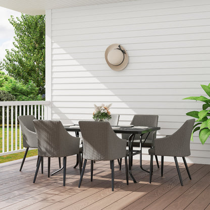 Outsunny 6 Seater Rattan Dining Set with Cushions, Garden Furniture Set with Armchairs, Rectangle Slatted Table Top, Steel Frame, Parasol Hole, Wicker Outdoor Furniture for Patio, Balcony, Grey 