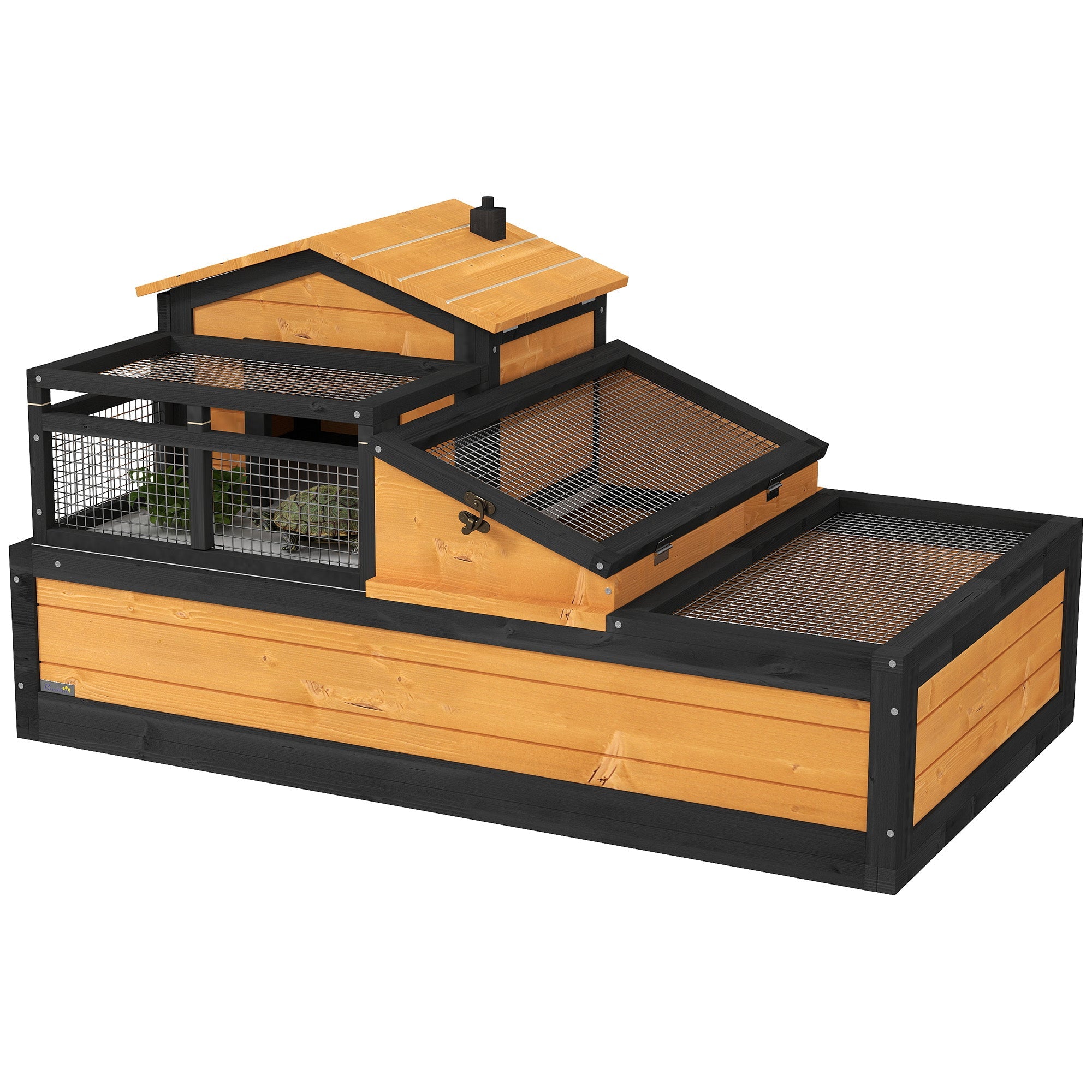 PawHut Wooden Tortoise House with Balcony, Tray, Roof, for Indoor and Outdoor, Yellow 