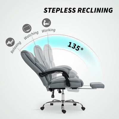 HOMCOM Faux Leather Reclining Office Chair, with Footrest - Grey 