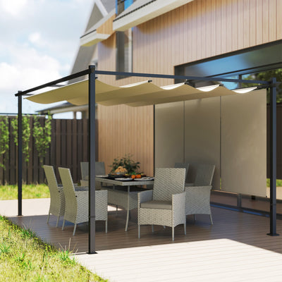 Outsunny 3 x 4m Metal Pergola with Retractable Roof and Roller Shade, Wall-Mounted or Free Standing Garden Gazebo Canopy Pergola Kit, UPF30+ Outdoor Sun Shade Shelter, Beige 