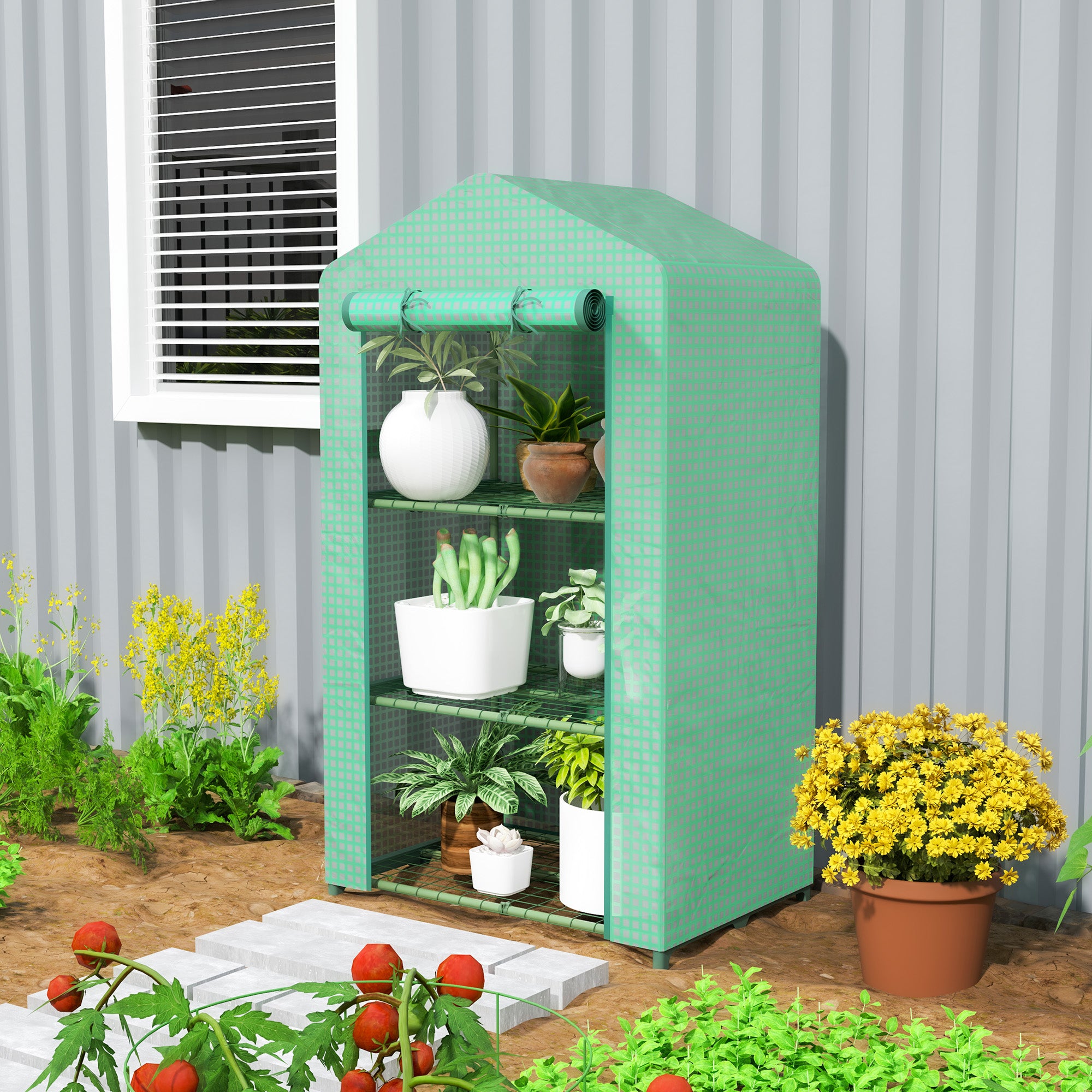 Outsunny 3 Tier Mini Greenhouse Portable Garden Grow House with Roll Up Door and Wire Shelves, 69 x 49 x 125 cm, Green 