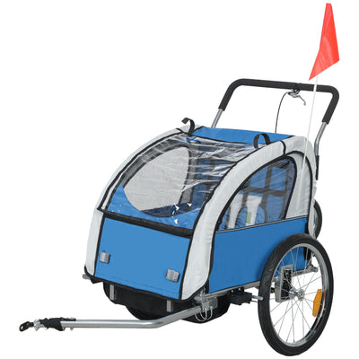 HOMCOM 2 Seat Bike Trailer with 5 Point Harness, Baby Bike Stroller with Safety Flag, Reflectors, for 18+ Months, Blue 