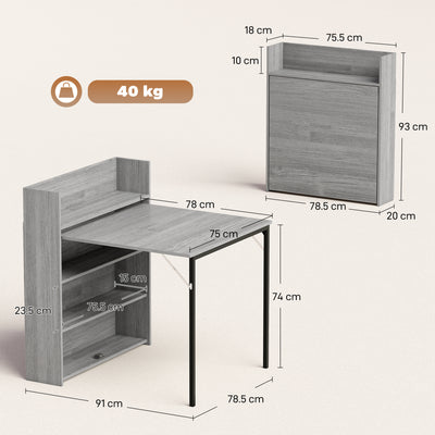 HOMCOM Kitchen Table, Folding Dining Table, with 4-Tier Shelves, Modern Drop-Leaf Table, Grey Wood Effect 