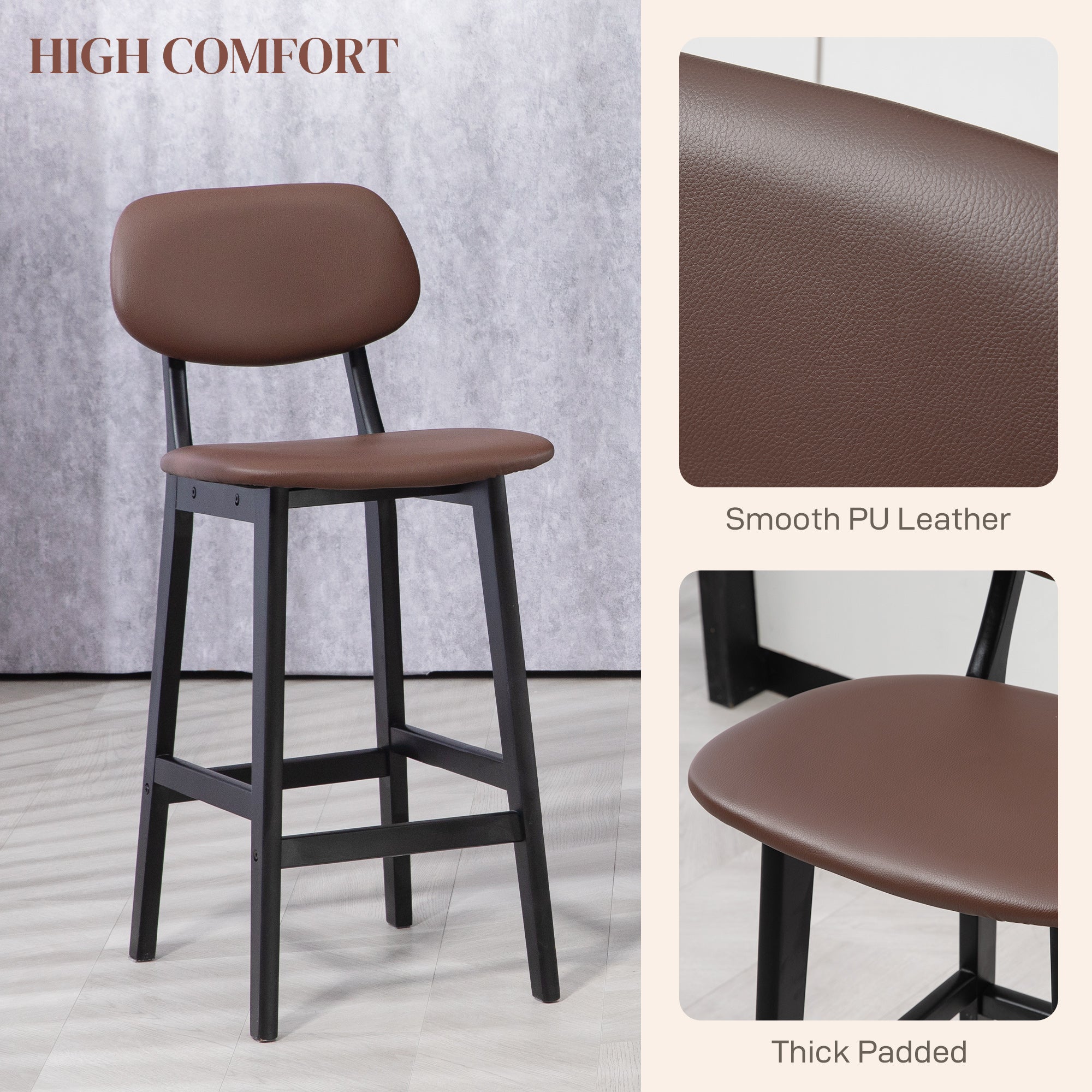 HOMCOM Bar Stools Set of 2, Contemporary Breakfast Bar Chairs, Faux Leather Upholstered Kitchen Stools with Backs and  Solid Wood Legs, Brown