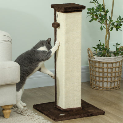 PawHut 81cm Cat Scratcher, Vertical Full Scratcher w/ Natural Sisal Rope, Hanging Ball, Soft Plush - Brown 
