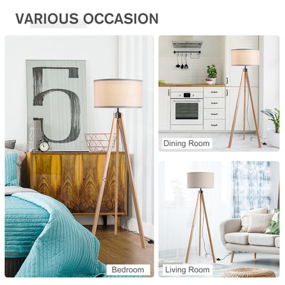 HOMCOM Floor Lamp with Elegant Wood Tripod, Free Standing E27 Bulb Lamp Versatile Use For Home Office - Beige 