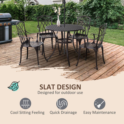 Outsunny 5 Pieces Garden Dining Set for 4, Cast Aluminium Outdoor Dining Set with 4 Armchairs and Round Dining Table with Parasol Hole, Garden Furniture Set, Brown 