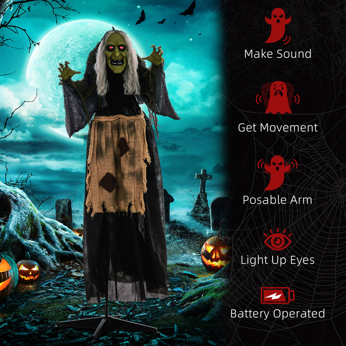 HOMCOM 5'2" Hunchback Witch Halloween Animatronic, with Glowing Eyes 