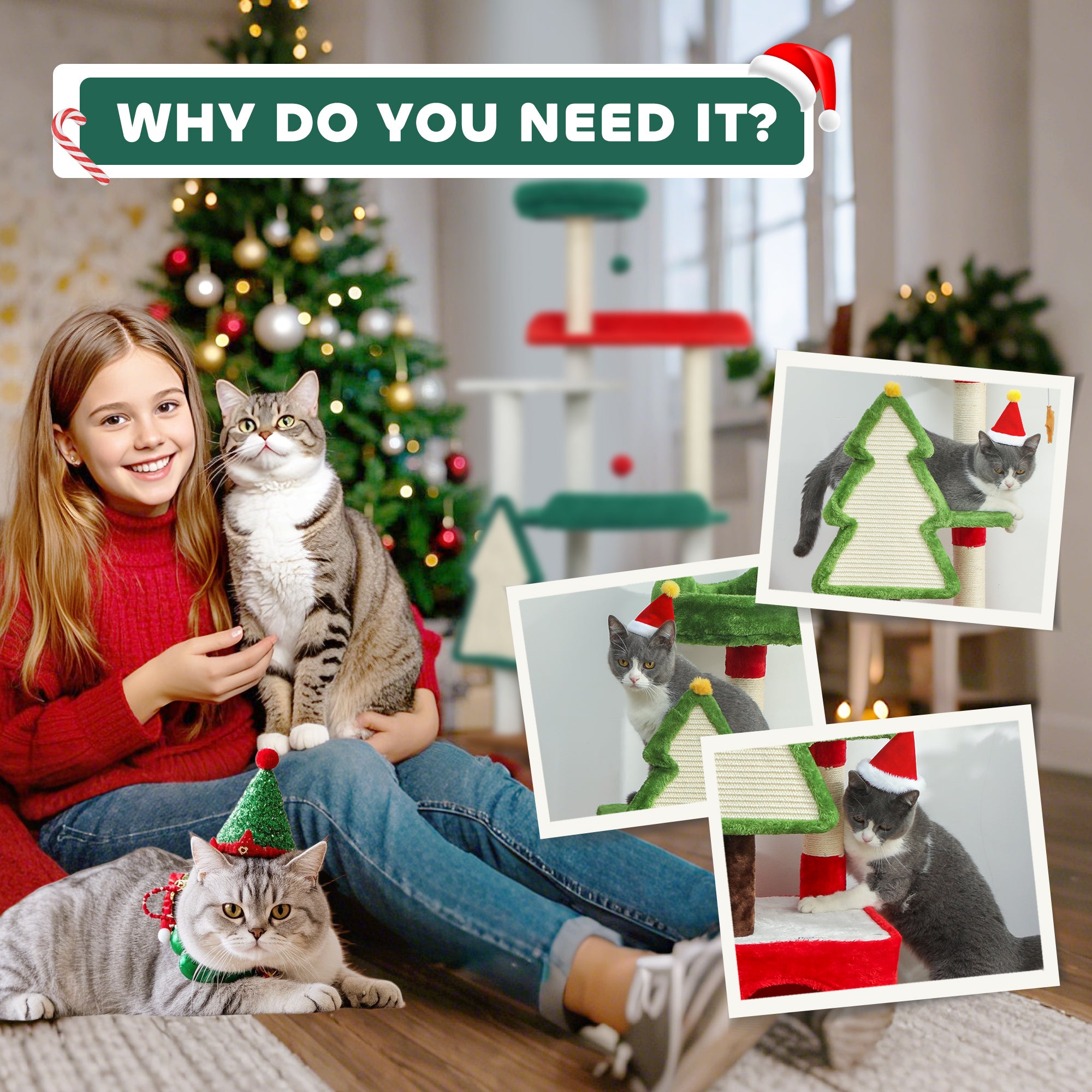 PawHut Christmas Cat Tree, 120cm Cat Tower with Scratching Post & Board, Platform, Toys, Green 
