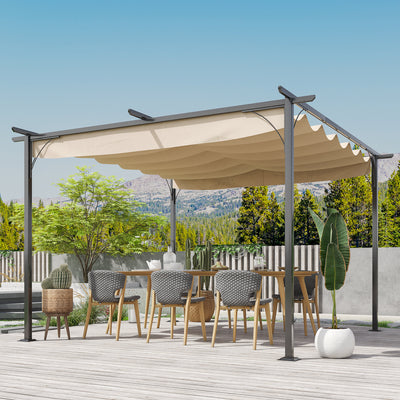 Outsunny 3.5M X 3.5M Metal Pergola Gazebo Awning Retractable Canopy Outdoor Garden Sun Shade Shelter Marquee Party BBQ, Beige 