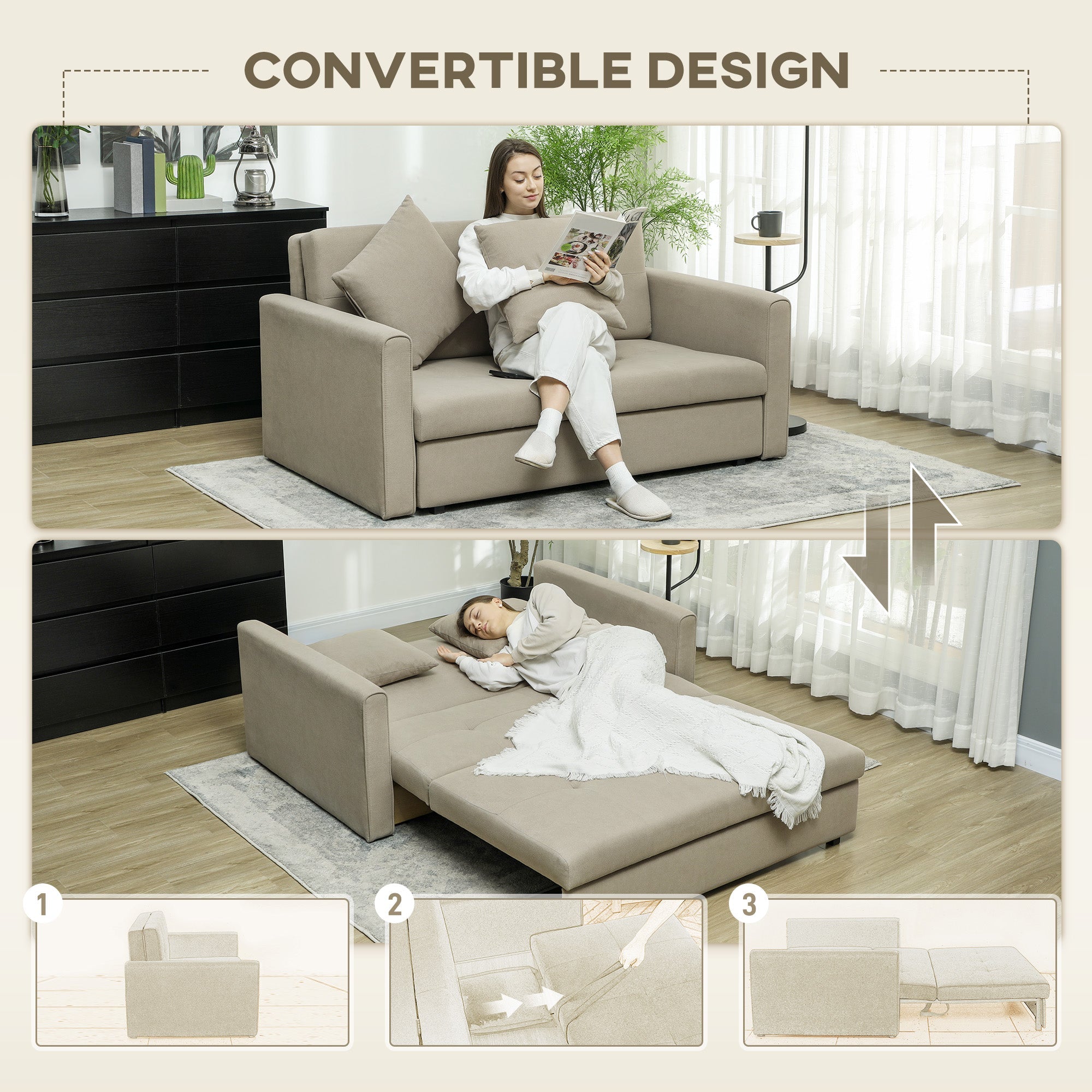 HOMCOM 2 Seater Sofa Bed, Convertible Bed Settee, Modern Fabric Loveseat Sofa Couch with 2 Cushions, Hidden Storage for Living Room, Guest Room, Light Brown 