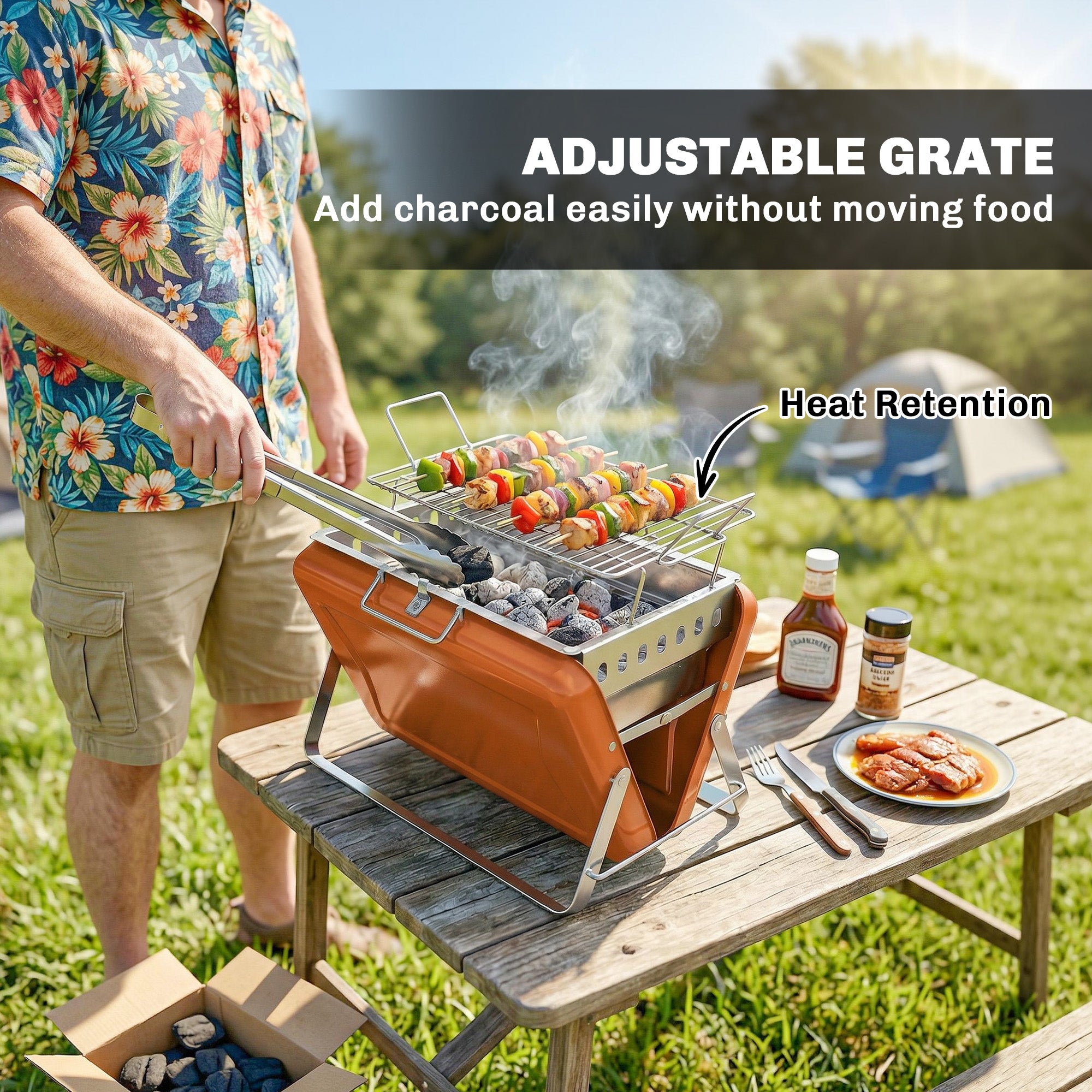 Outsunny Charcoal BBQ Grill Portable Stainless Steel Barbecue with Tilting Grate for Camping Picnic Garden Orange 