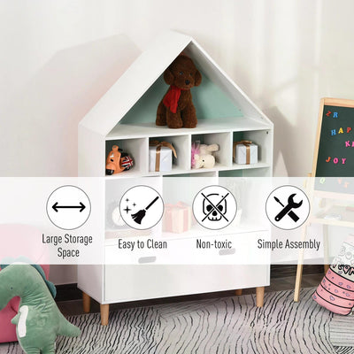 HOMCOM Kids House-Designed Bookshelf, with Drawer – Blue & White 