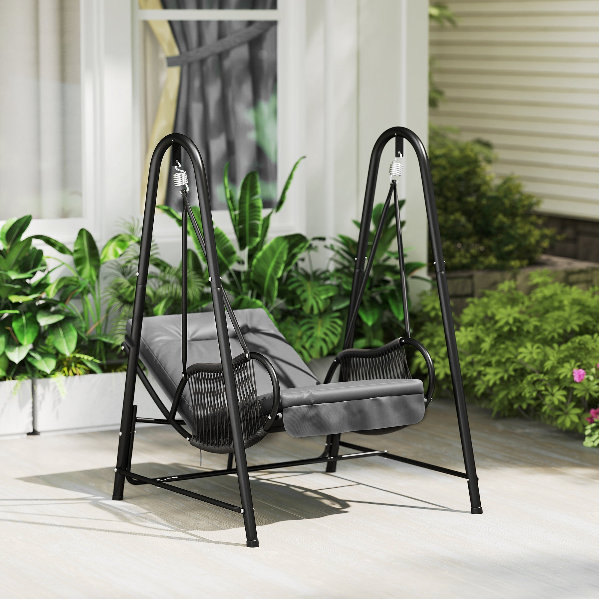 Outsunny Rattan Swing Chair, Outdoor Garden Hanging Swing Seat with Stand and Seat Cushion, Porch Hanging Chair for Balcony, Garden, Deck, Dark Grey 