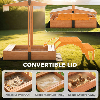 AIYAPLAY Kids Sand Pit with Lid, Wooden Sandpit with Canopy, Foldable Picnic Table, Bench Seats, Bottom Liner for Patio Garden 
