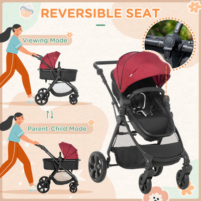 HOMCOM Foldable Baby Stoller, with Reclining Backrest, Adjustable Canopy, for Ages 0-36 Months - Red 