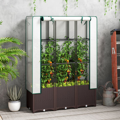 Outsunny Raised Garden Bed with Trellis, Plastic Planter Box with Drainage Holes and Drain Plugs for Climbing Plants, Vegetables, Flowers, 120 x 40 x 140 cm 