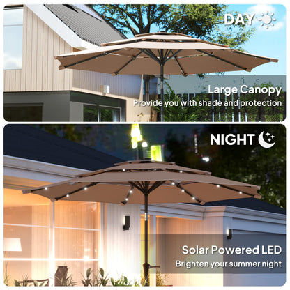 Outsunny 3-Tier Garden Parasol with Solar LED Lights, UPF 30+, Tilt Mechanism & Crank Handle, for Market Terrace, Khaki 