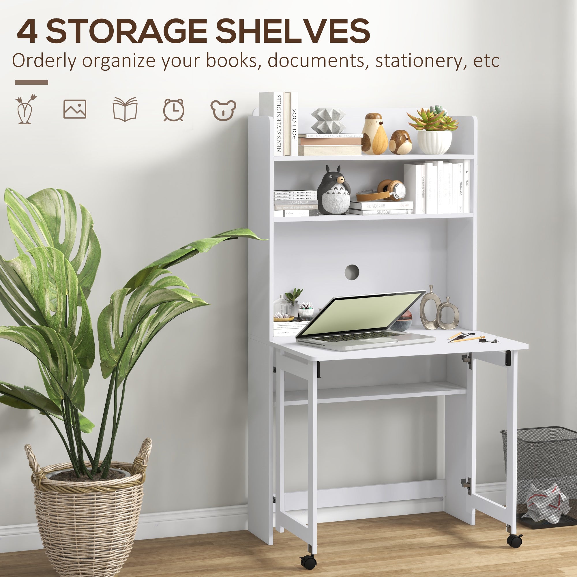 HOMCOM Foldable Desktop, Computer Desk with Storage Shelves, 80 x 69 x 155 cm, White 