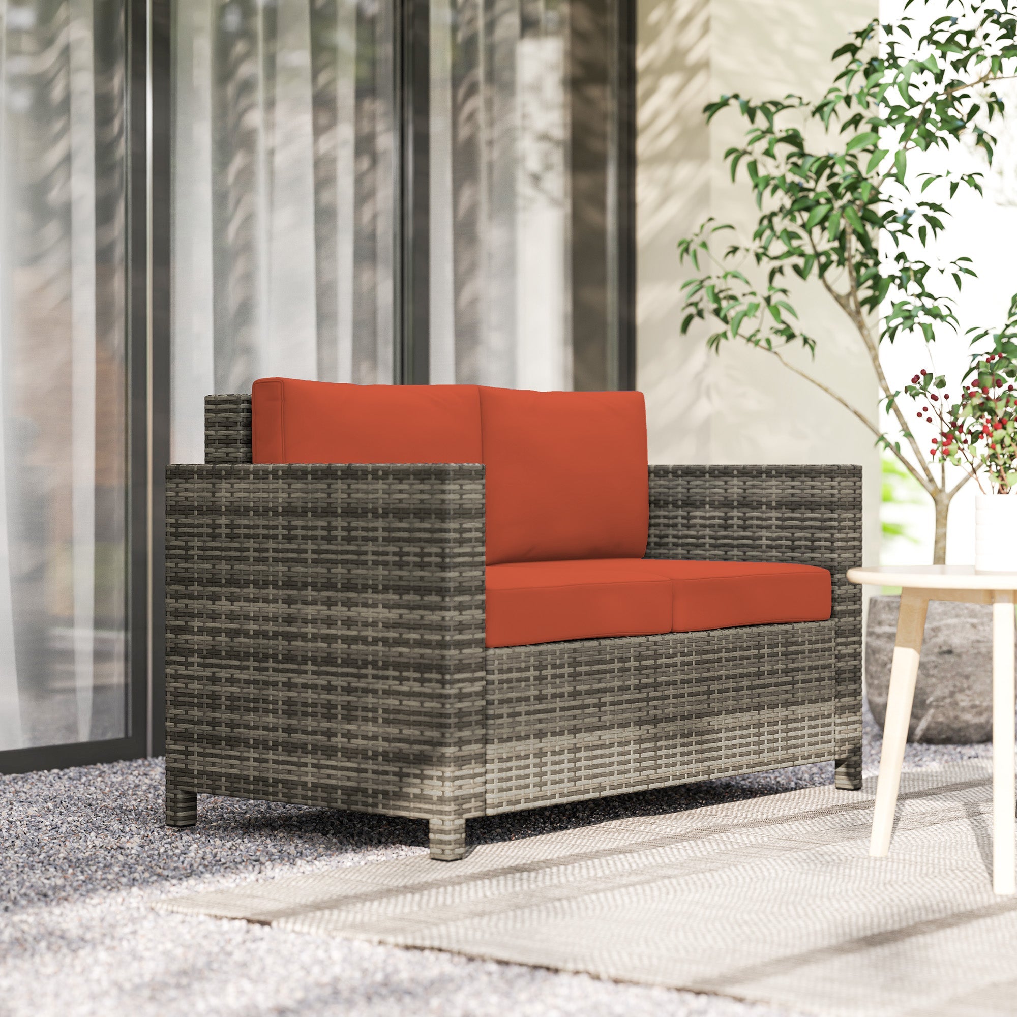 Outsunny Rattan Sofa, 2 Seater Garden Furniture with Soft Padded Cushion and Armrests, Wicker Garden Loveseat for Patio, Grey 