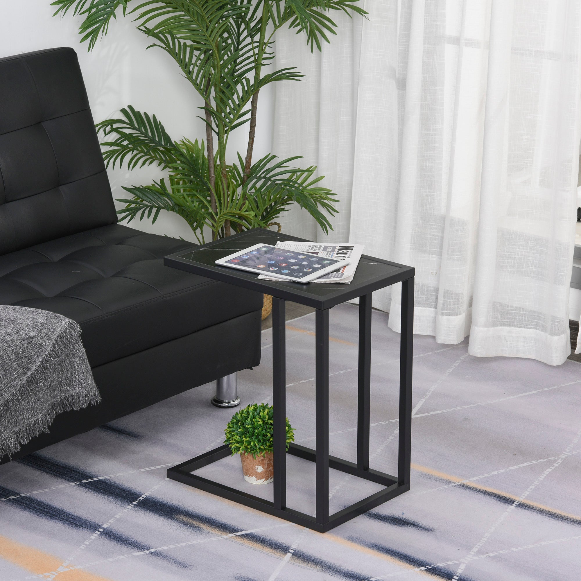 HOMCOM C Shape Bedside Table w/Metal Frame Marble-Effect Top Sofa Narrow Snack End Table for Living Room, Black 