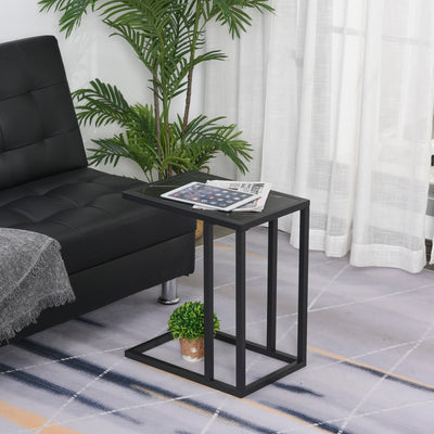 HOMCOM C Shape Bedside Table w/Metal Frame Marble-Effect Top Sofa Narrow Snack End Table for Living Room, Black 