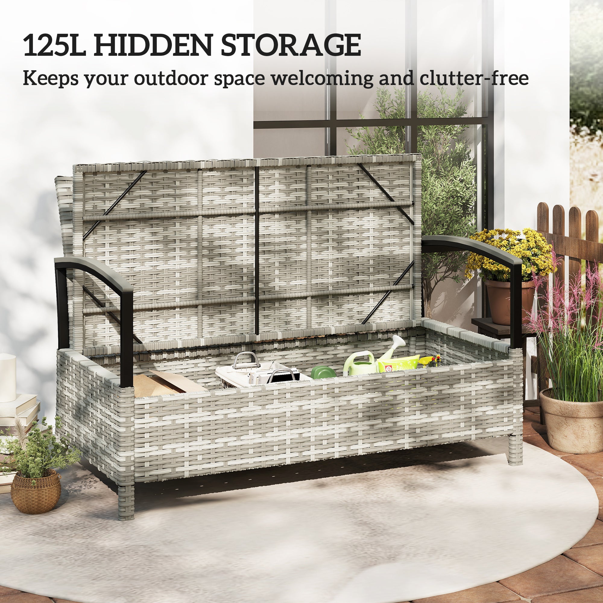 Outsunny 125L Garden Storage Bench, 2 Seater PE Rattan Outdoor Bench Storage Box with Padded Cushion, Dark Grey 