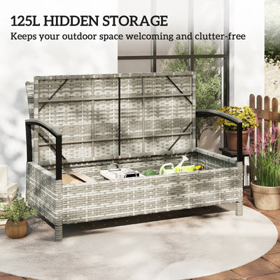 Outsunny 125L Garden Storage Bench, 2 Seater PE Rattan Outdoor Bench Storage Box with Padded Cushion, Dark Grey 