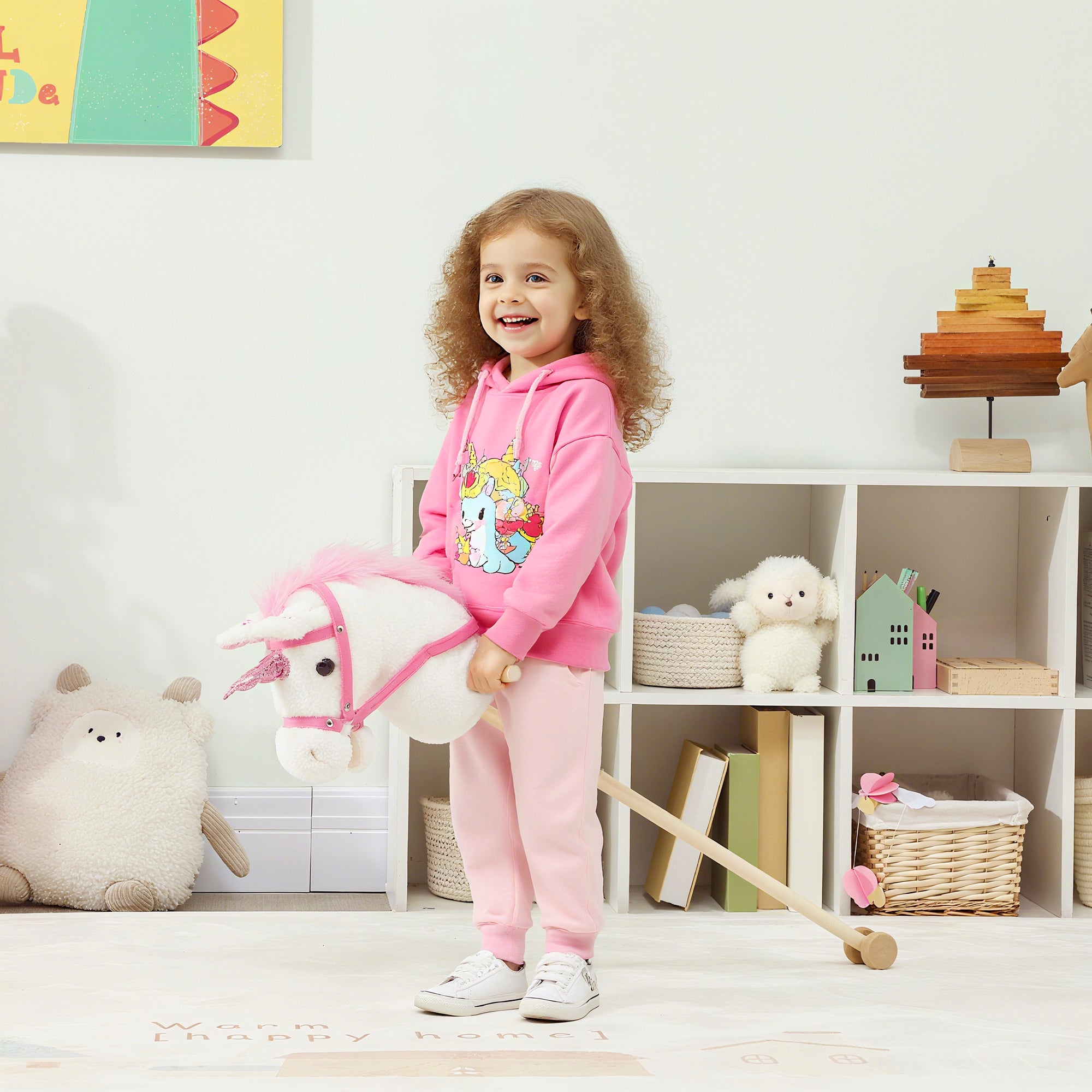 AIYAPLAY Unicorn Stick Horse with Wood Wheels, Real Pony Neighing and Galloping Sounds, Grip Handle, 95 cm, White 