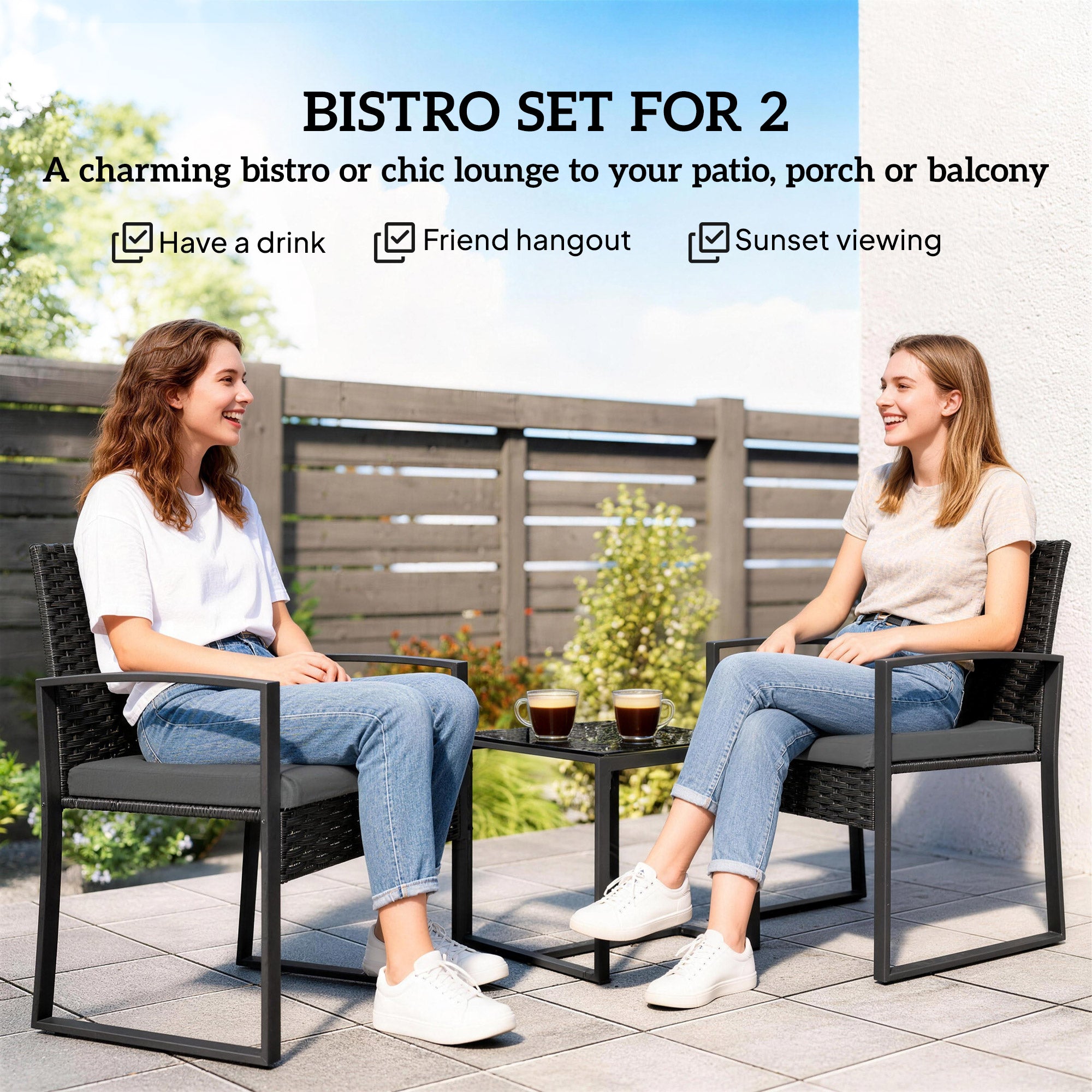 Outsunny Rattan Bistro Set, 3 Piece Garden Furniture Set with Glass Top Table and Cushions, Dark Grey 