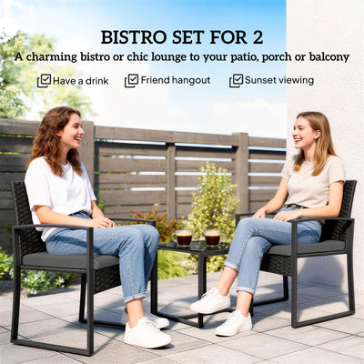 Outsunny Rattan Bistro Set, 3 Piece Garden Furniture Set with Glass Top Table and Cushions, Dark Grey 