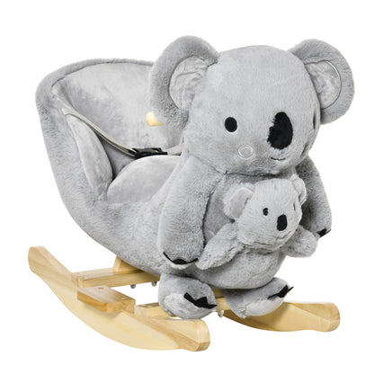 HOMCOM Kids Toddler Rocking Horse Plush Ride On Koala Rocker Wooden Base Seat Safety Belt w/ Gloved Doll Toy for 18-36 Months Grey 