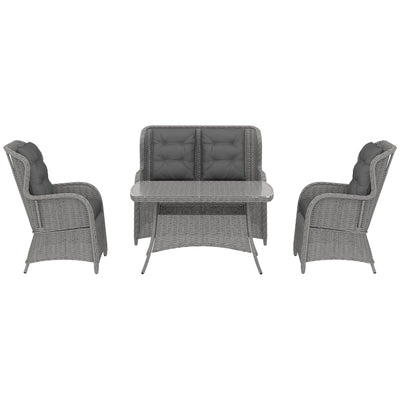 Outsunny Garden PE Rattan Dining Sofa Set, Outdoor 4 Seater Wicker Furniture, High Back Chairs with Cushions, Tempered Glass Coffee Table for Patio, Light Grey 