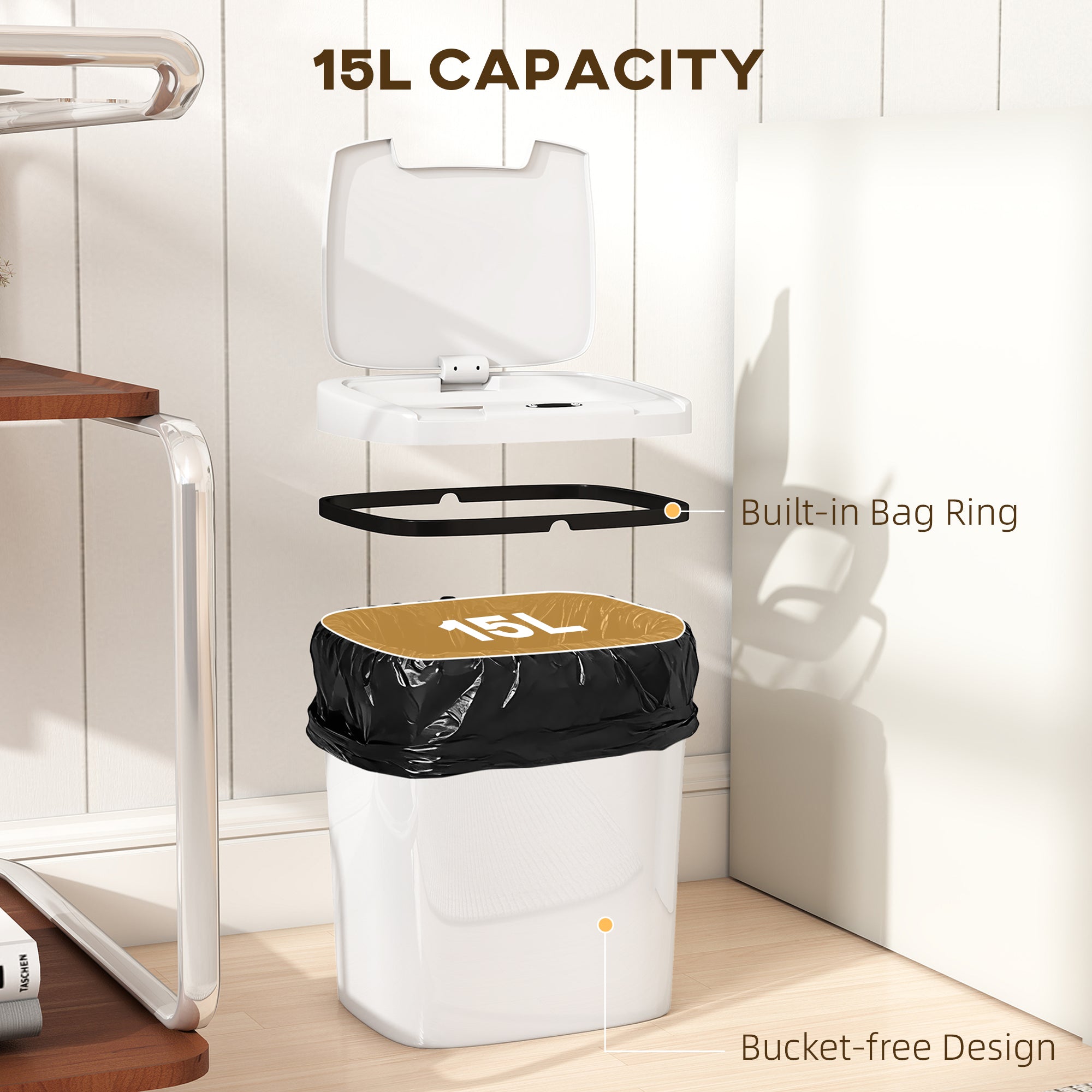 HOMCOM 15L Sensor Bin, Automatic Touchless Kitchen Bin, Easy Clean, Battery Operated for Home Office, Bedroom, Bathroom, White 