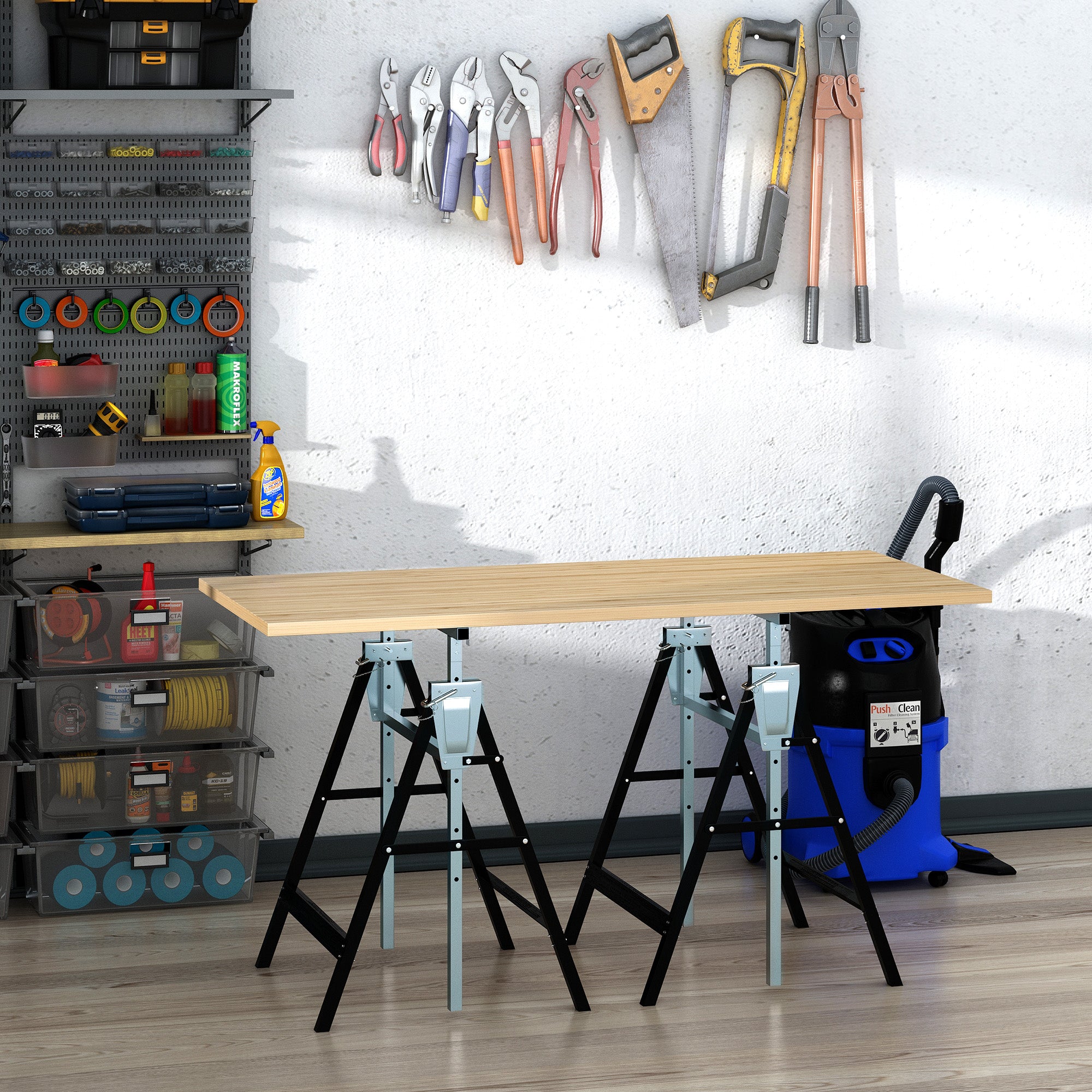 HOMCOM Set of 2 Adjustable Telescopic Builders Trestle, DIY Steel Work Bench Carpenter, Folding Saw Horse Tools Black 