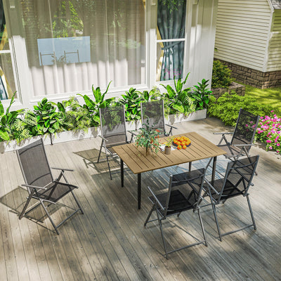 Outsunny Garden Dining Table for 6 Person, Rectangle Outdoor Coffee Table with 5 cm Parasol Hole, Slatted Tabletop and Steel Frame for Patio Balcony, Brown 