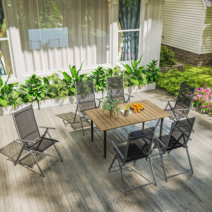 Outsunny Garden Dining Table for 6 Person, Rectangle Outdoor Coffee Table with 5 cm Parasol Hole, Slatted Tabletop and Steel Frame for Patio Balcony, Brown 